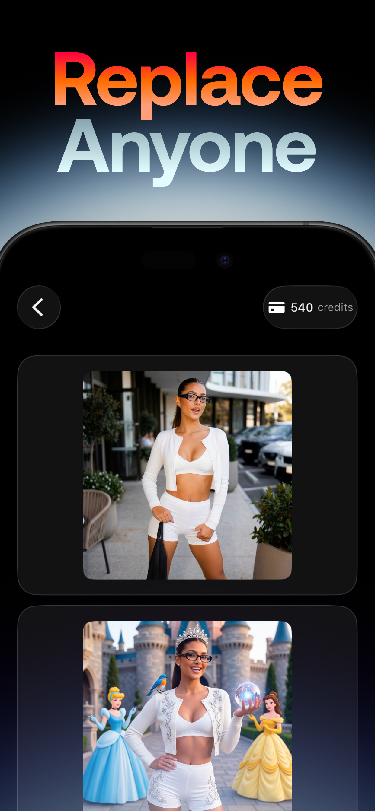 Swap Cast Replace Anyone screen with credit balance and generated image previews
